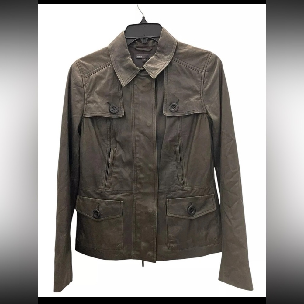 Vince Womens Soft Butter Leather Collared  Zip Up Moto Jacket Brown Pockets Sz S